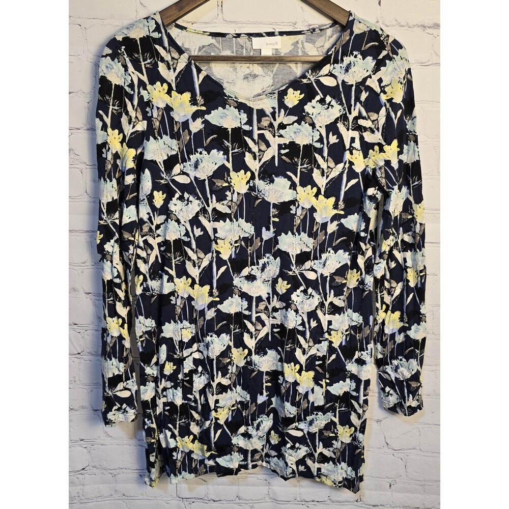 PURE JILL Women's Tunic Top Sz M V Neck 3/4 Sleeve Floral Kangaroo Pocket Navy